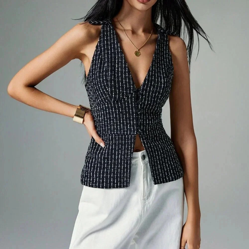 Black and White Casual Women's Sleeveless Blouse - Picture 1 of 7